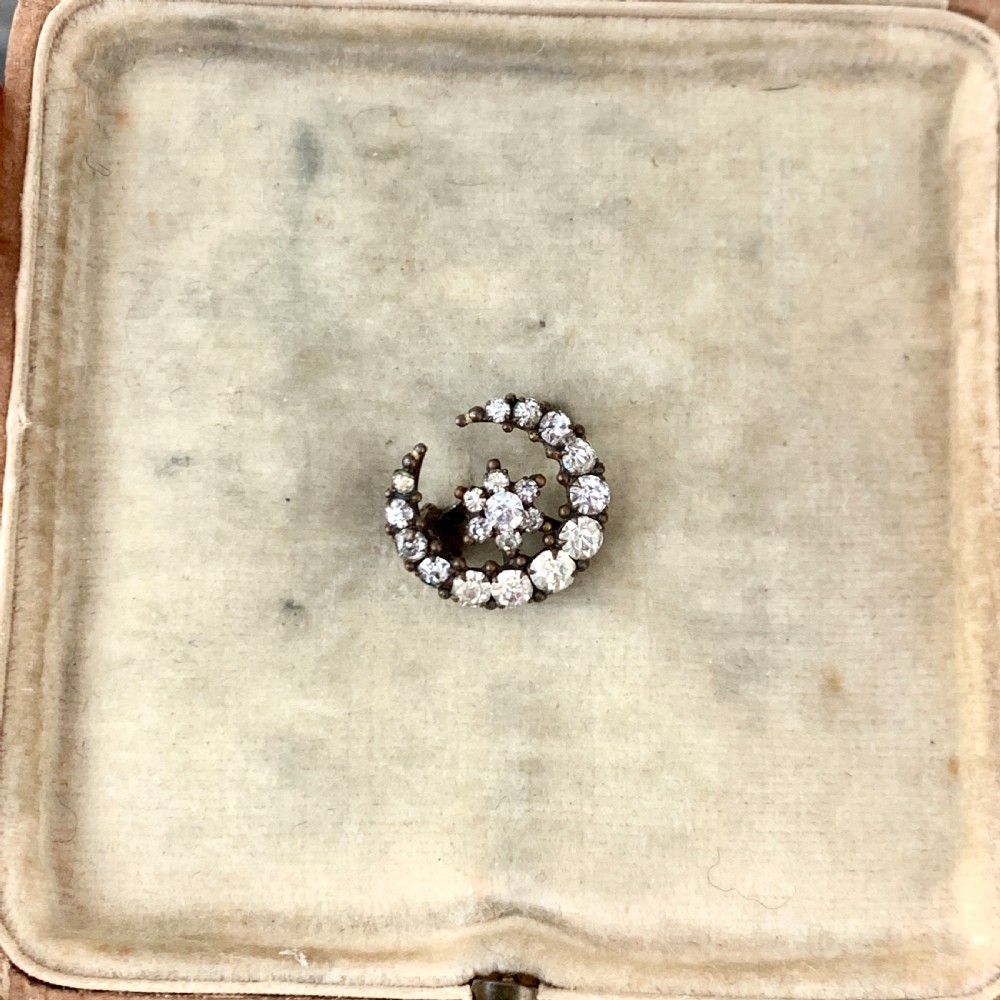 Small Victorian Crescent Moon and Star Paste Brooch  View II