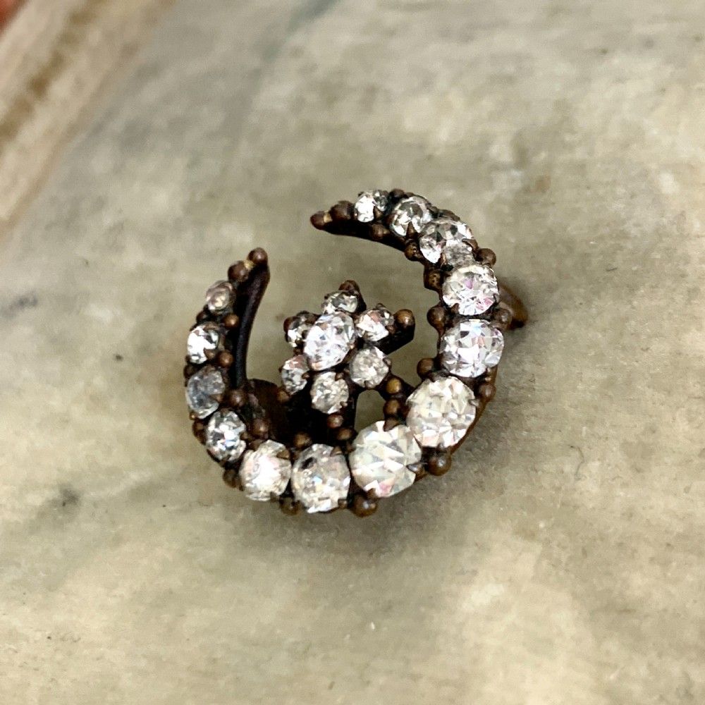 Small Victorian Crescent Moon and Star Paste Brooch  View III