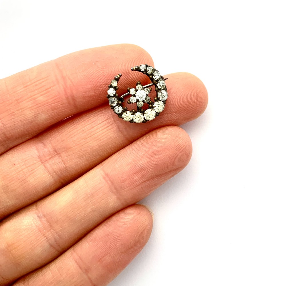Small Victorian Crescent Moon and Star Paste Brooch  View IV