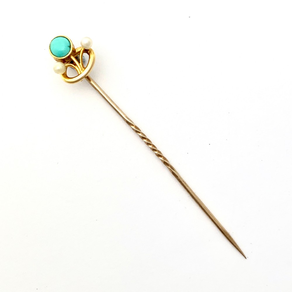 Art Nouveau 15CT Gold Turquoise Pearl Stick Pin