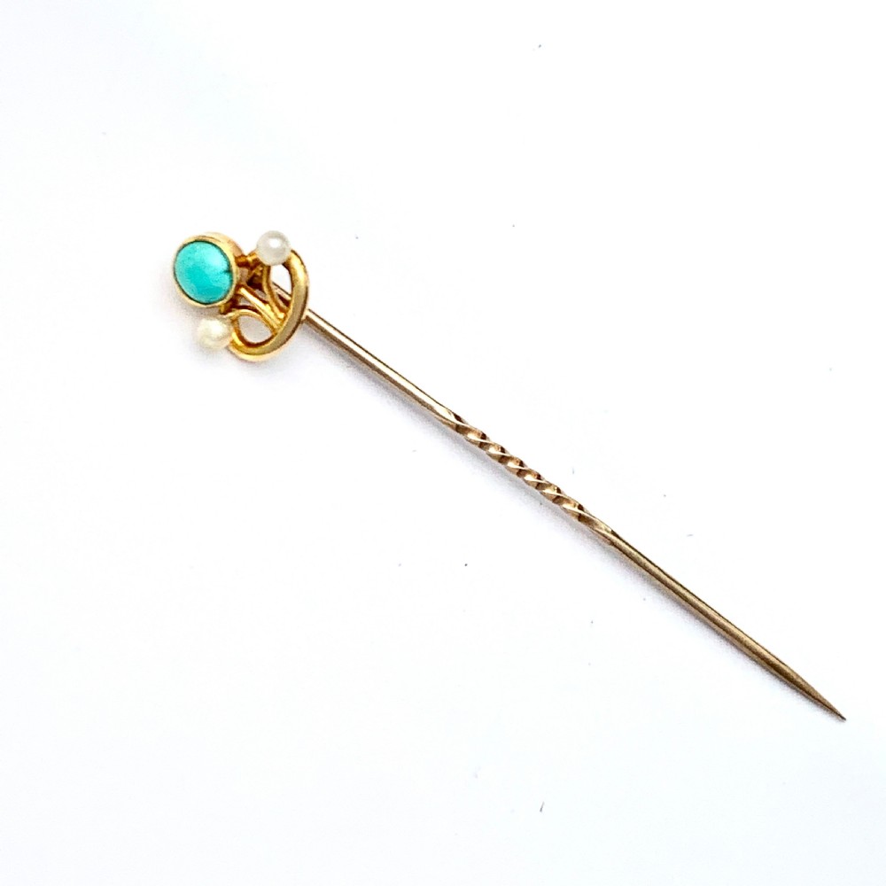 Art Nouveau 15CT Gold Turquoise Pearl Stick Pin View II
