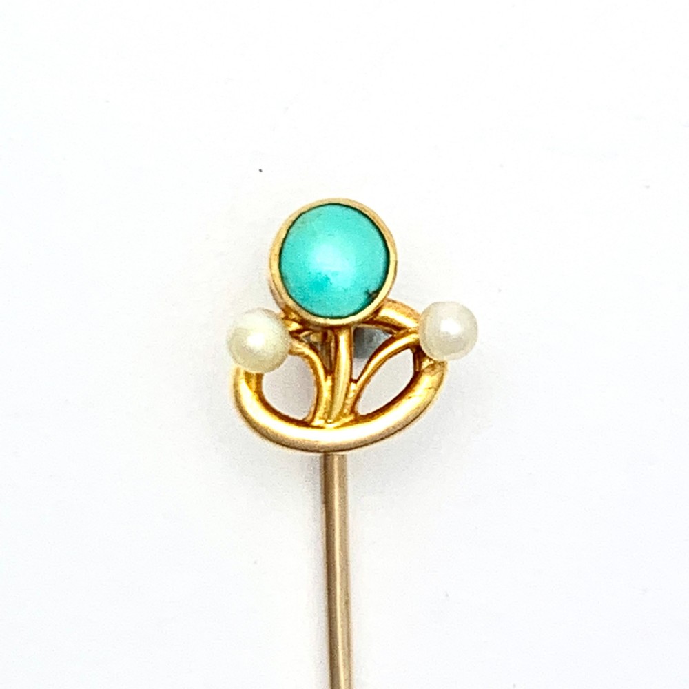 Art Nouveau 15CT Gold Turquoise Pearl Stick Pin View III