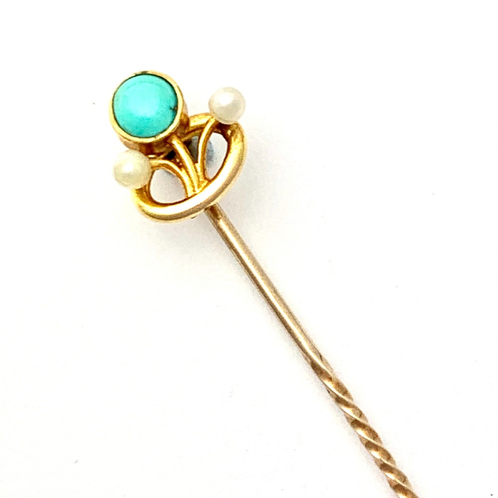 Art Nouveau 15CT Gold Turquoise Pearl Stick Pin View IV