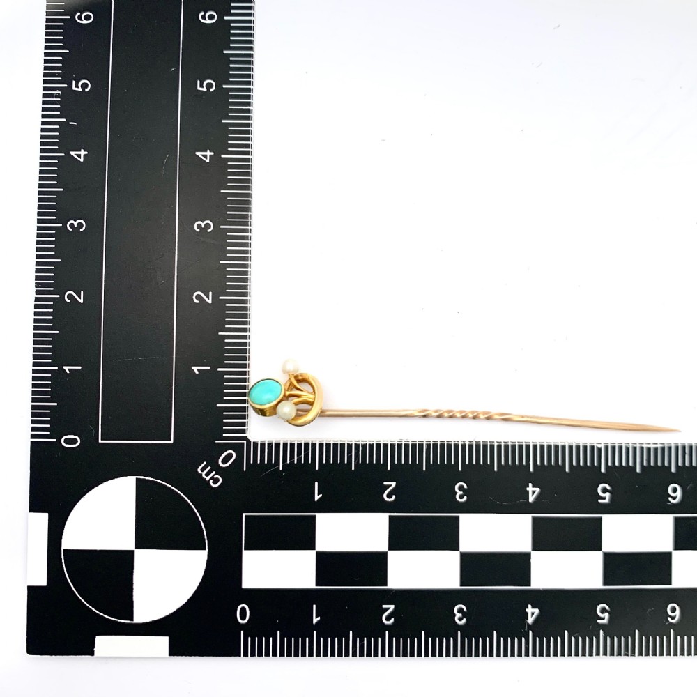 Art Nouveau 15CT Gold Turquoise Pearl Stick Pin View VI