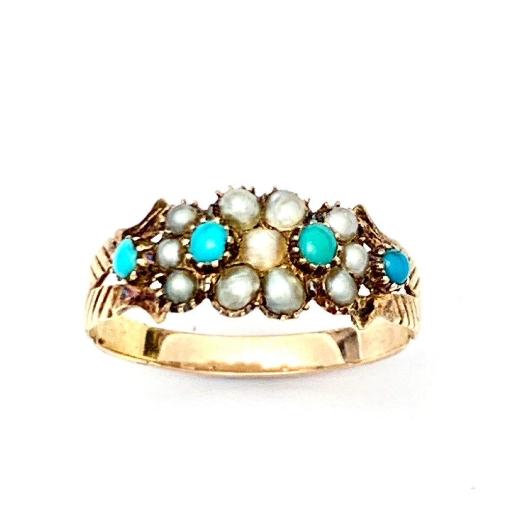 Victorian 15CT Gold Turquoise and Pearl Cluster Ring