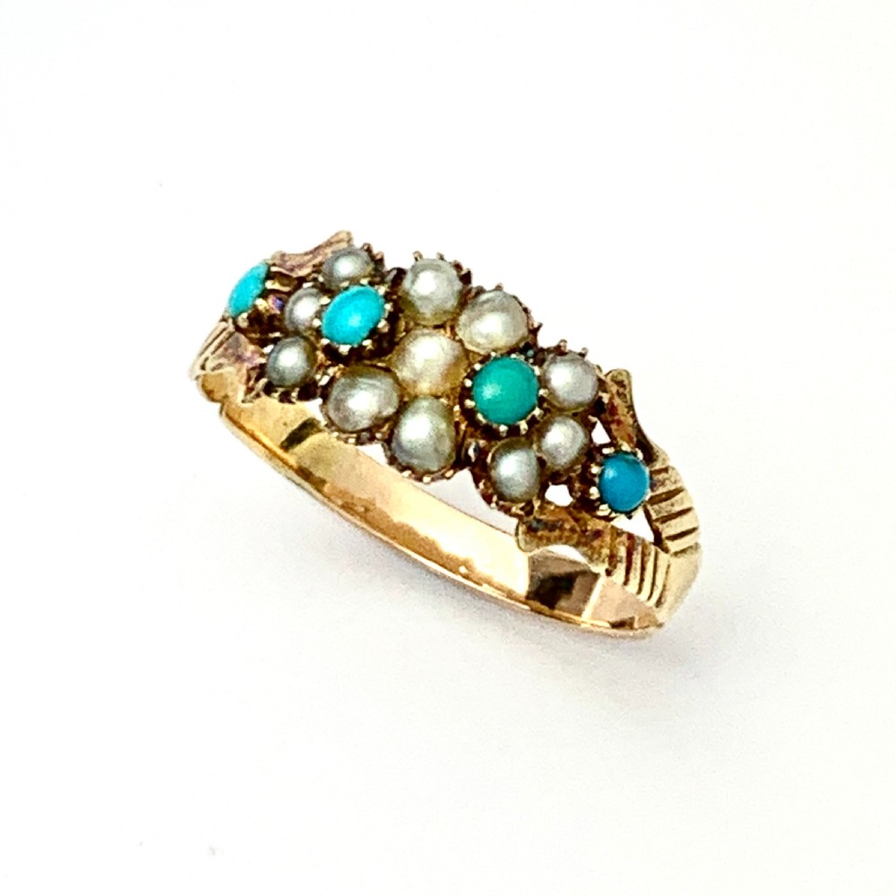 Victorian 15CT Gold Turquoise and Pearl Cluster Ring View III
