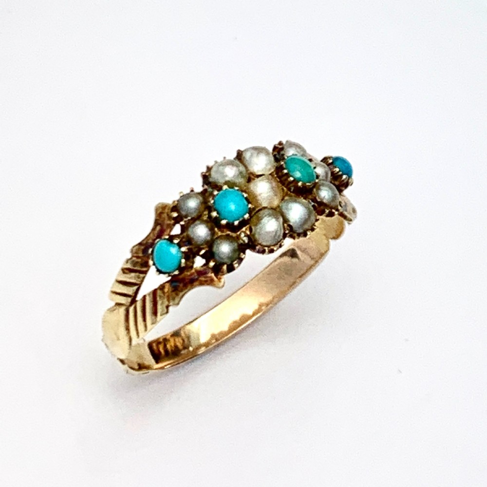 Victorian 15CT Gold Turquoise and Pearl Cluster Ring View IV