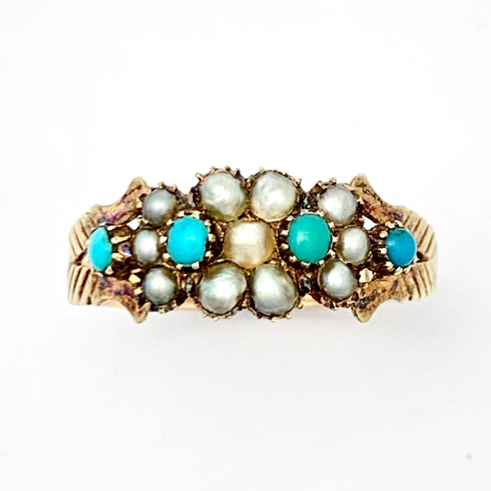 Victorian 15CT Gold Turquoise and Pearl Cluster Ring View V