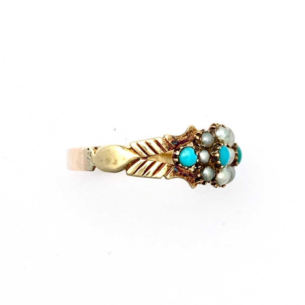 Victorian 15CT Gold Turquoise and Pearl Cluster Ring View VI