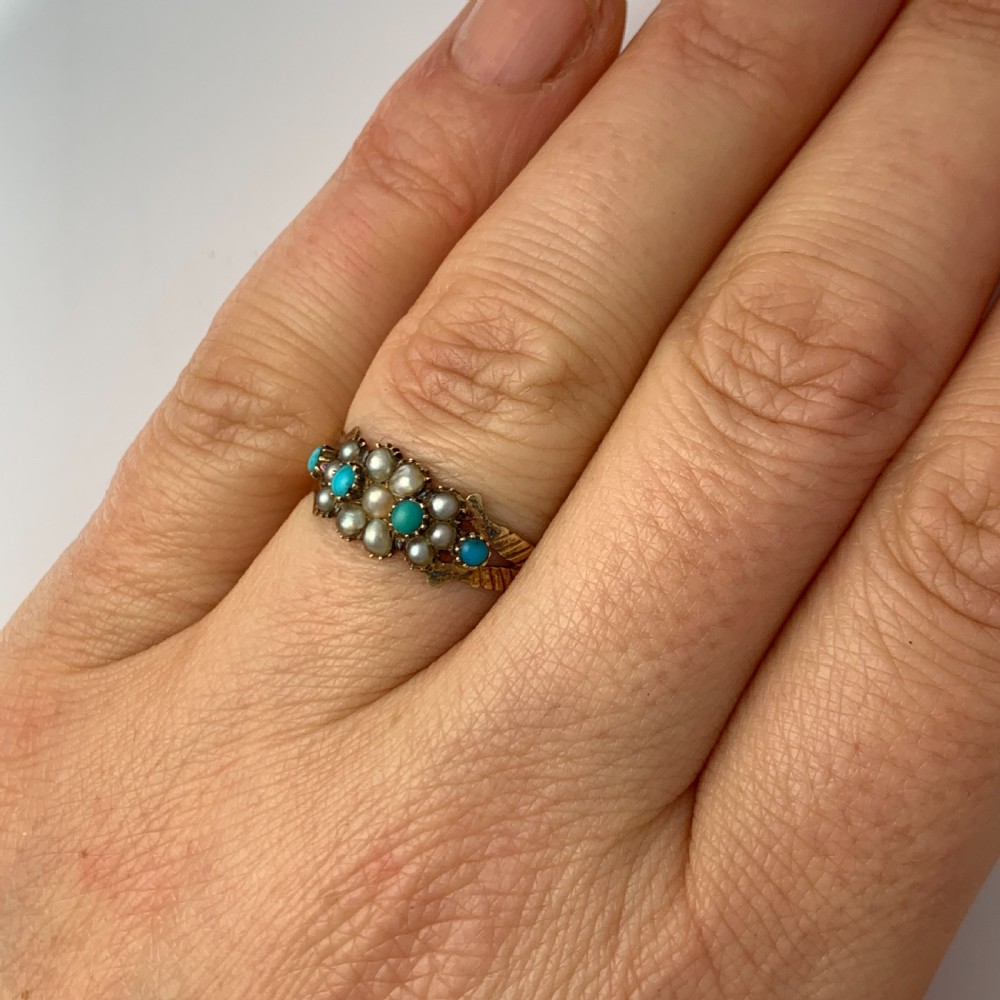 Victorian 15CT Gold Turquoise and Pearl Cluster Ring View VII