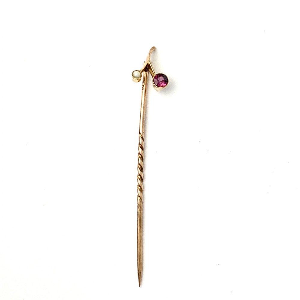 Victorian 9CT Rose Gold Garnet Pearl Stick Pin View II