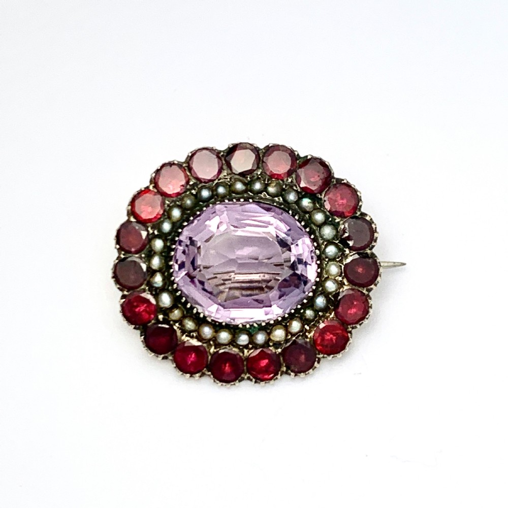 Georgian Amethyst, Flat Cut Garnet and Seed Pearl Pendant/Brooch