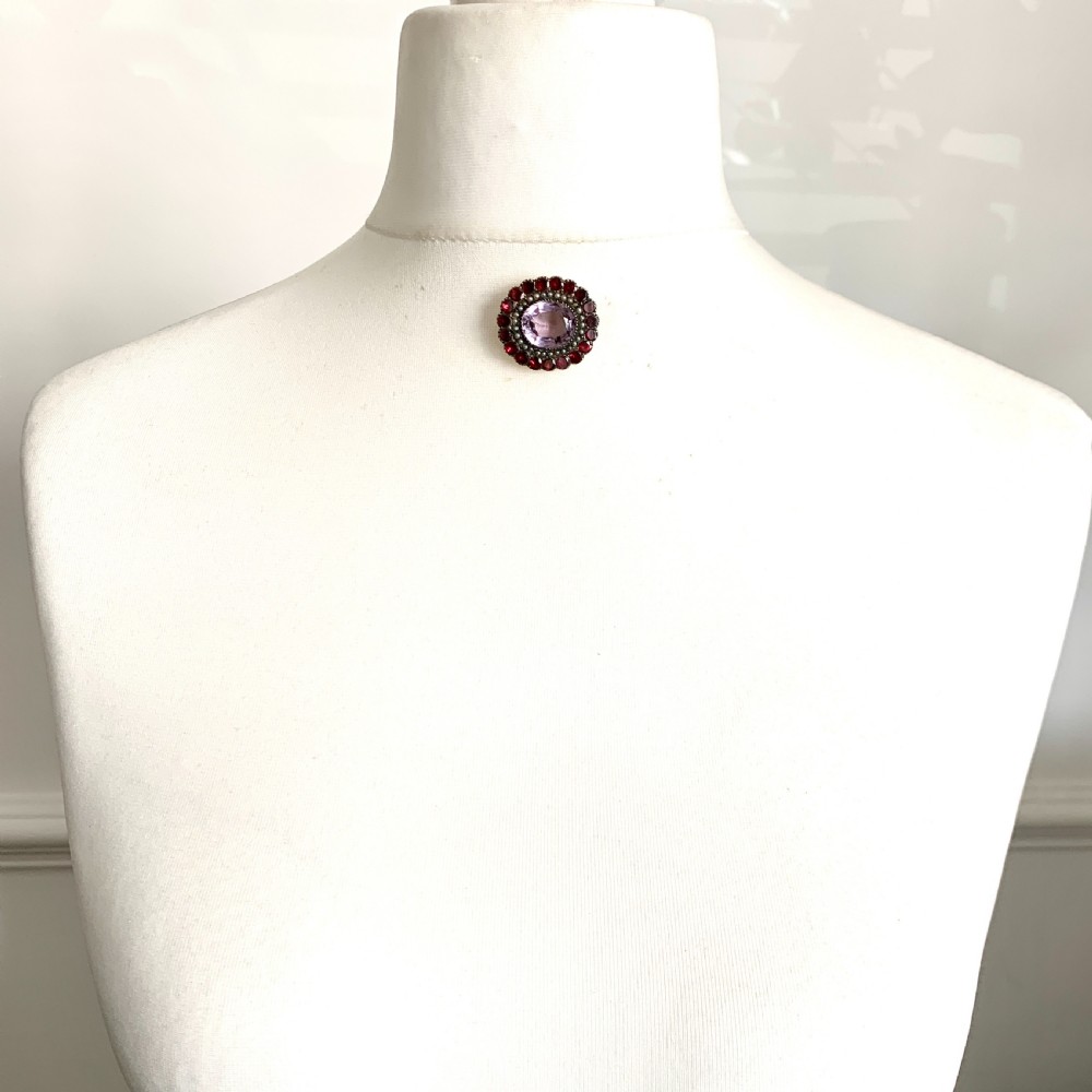 Georgian Amethyst, Flat Cut Garnet and Seed Pearl Pendant/Brooch View II