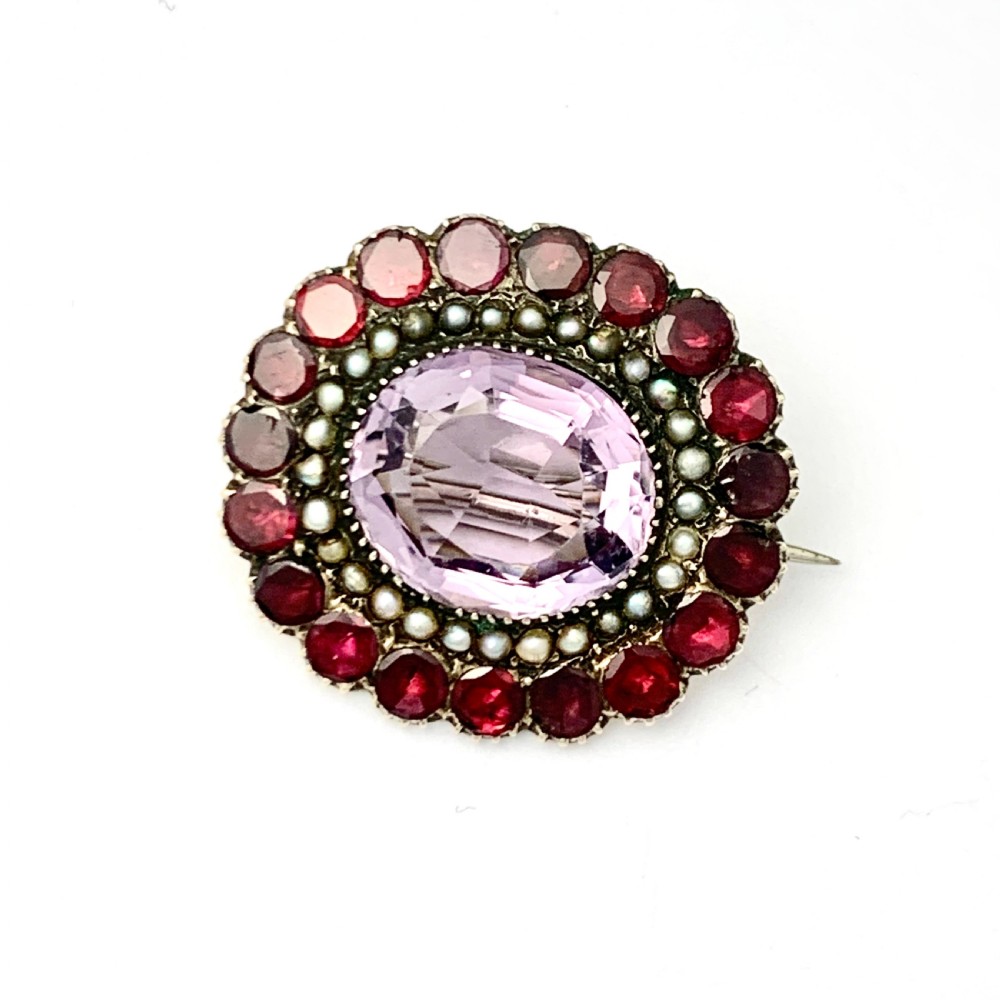 Georgian Amethyst, Flat Cut Garnet and Seed Pearl Pendant/Brooch View VI