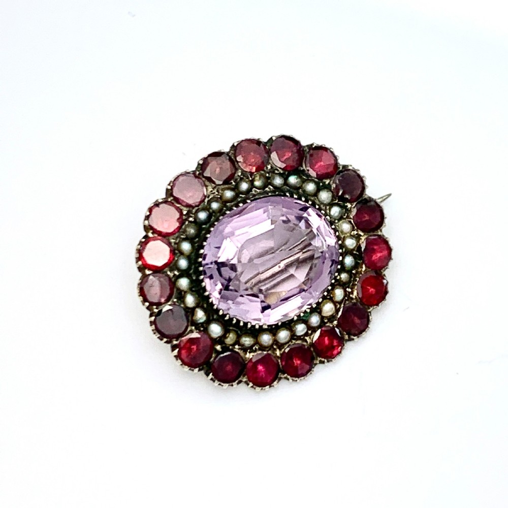 Georgian Amethyst, Flat Cut Garnet and Seed Pearl Pendant/Brooch View VII