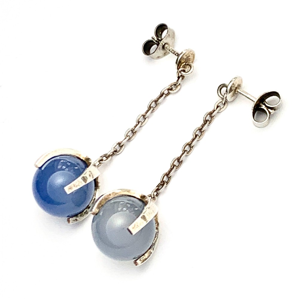 Vintage Finnish Modernist Sterling Silver Blue Chalcedony Trapped Orb Earrings