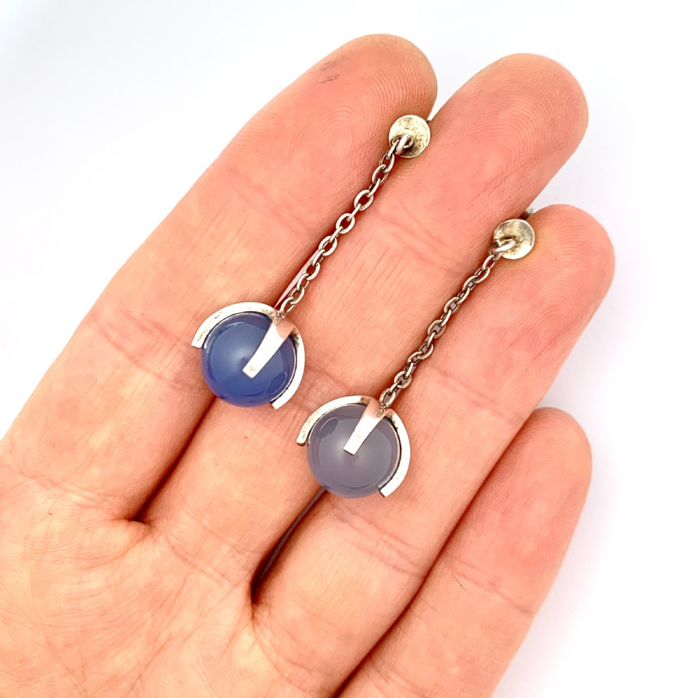 Vintage Finnish Modernist Sterling Silver Blue Chalcedony Trapped Orb Earrings View II