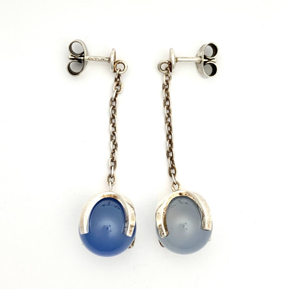 Vintage Finnish Modernist Sterling Silver Blue Chalcedony Trapped Orb Earrings View IV
