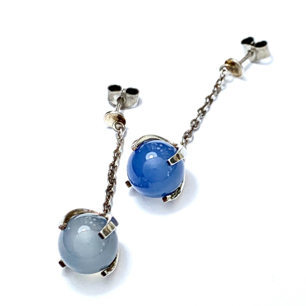 Vintage Finnish Modernist Sterling Silver Blue Chalcedony Trapped Orb Earrings View V