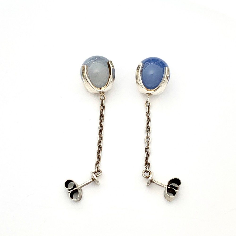 Vintage Finnish Modernist Sterling Silver Blue Chalcedony Trapped Orb Earrings View VII