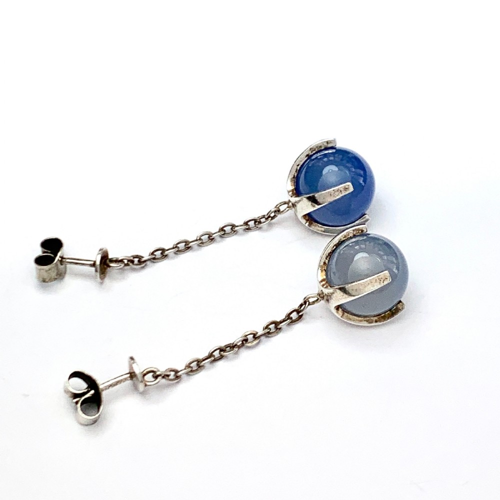 Vintage Finnish Modernist Sterling Silver Blue Chalcedony Trapped Orb Earrings View VIII