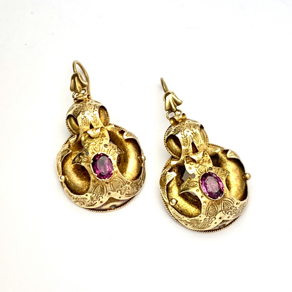 Victorian 15CT Gold Almandine Garnet Etruscan Revival Earrings