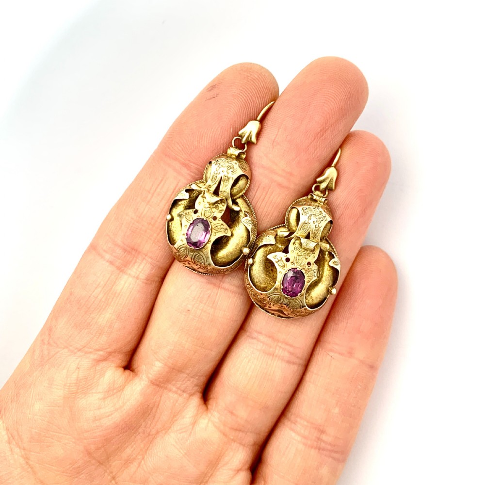 Victorian 15CT Gold Almandine Garnet Etruscan Revival Earrings View II