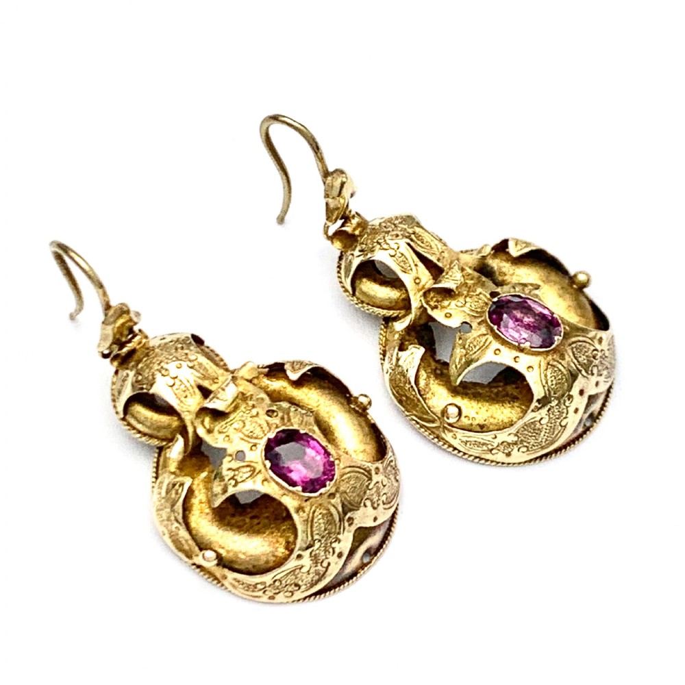Victorian 15CT Gold Almandine Garnet Etruscan Revival Earrings View IV
