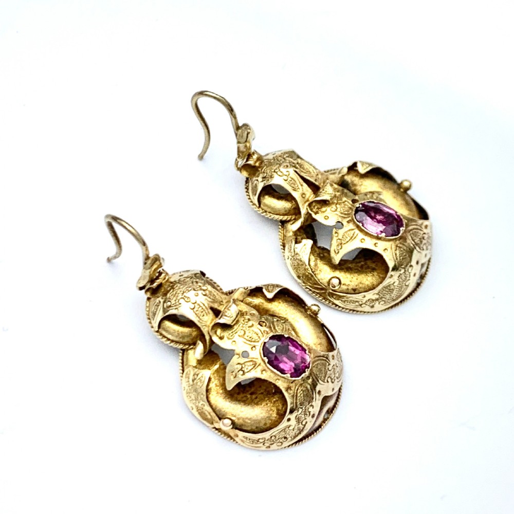 Victorian 15CT Gold Almandine Garnet Etruscan Revival Earrings View V