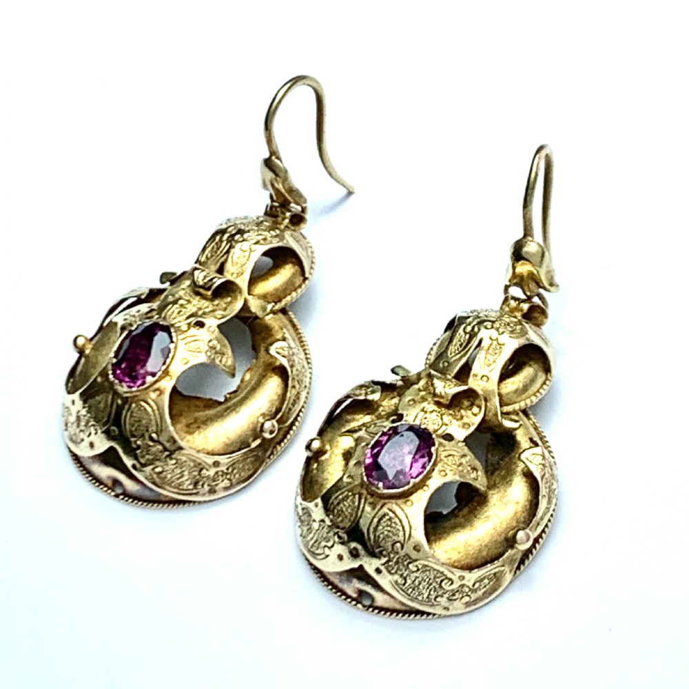 Victorian 15CT Gold Almandine Garnet Etruscan Revival Earrings View VI