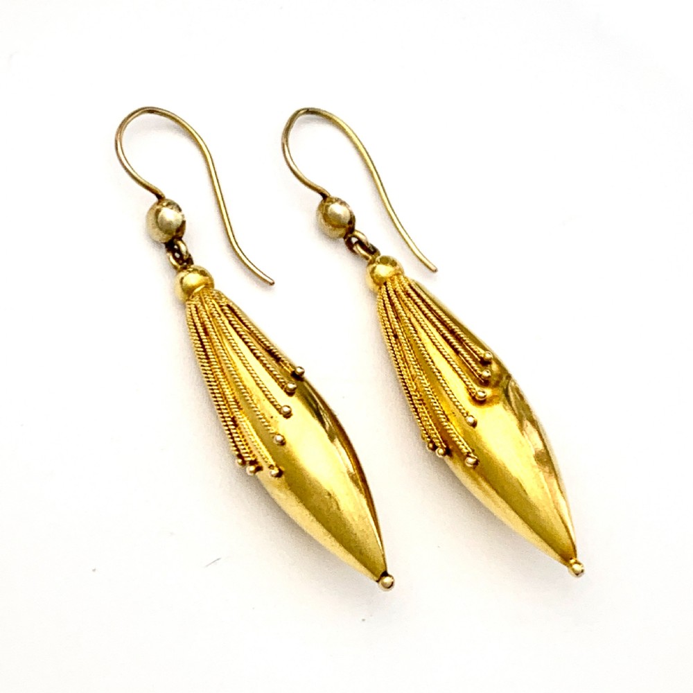 15CT Gold Victorian Etruscan Revival Torpedo Earrings