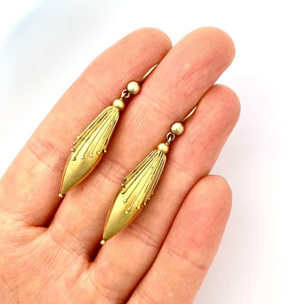15CT Gold Victorian Etruscan Revival Torpedo Earrings View III
