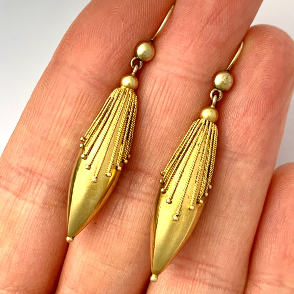 15CT Gold Victorian Etruscan Revival Torpedo Earrings View VIII