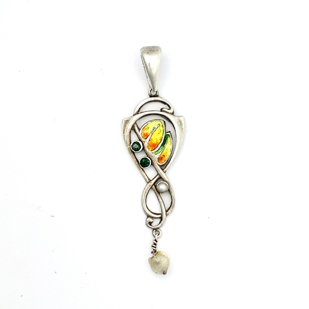 Edwardian 1905 Silver Enamel Paste Pendant with Pearls • Liberty & Co