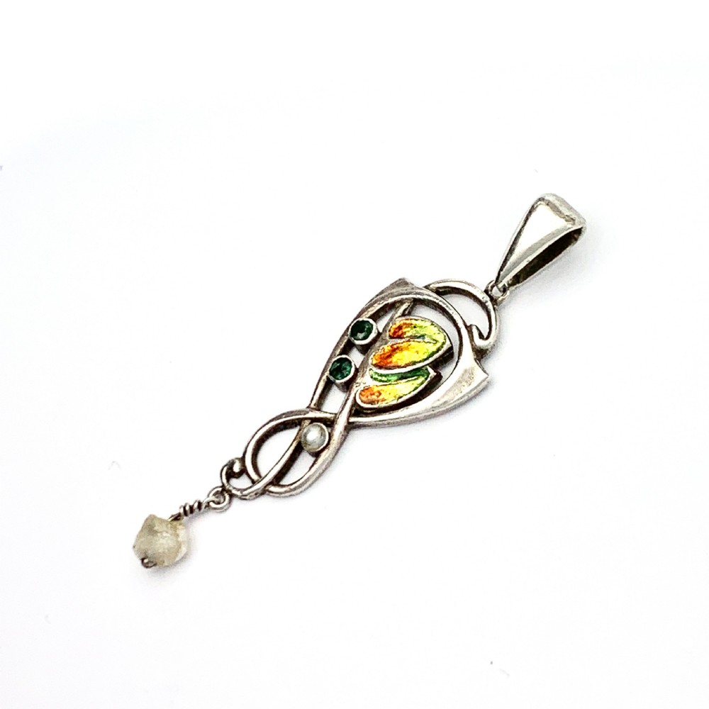 Edwardian 1905 Silver Enamel Paste Pendant with Pearls • Liberty & Co View IV