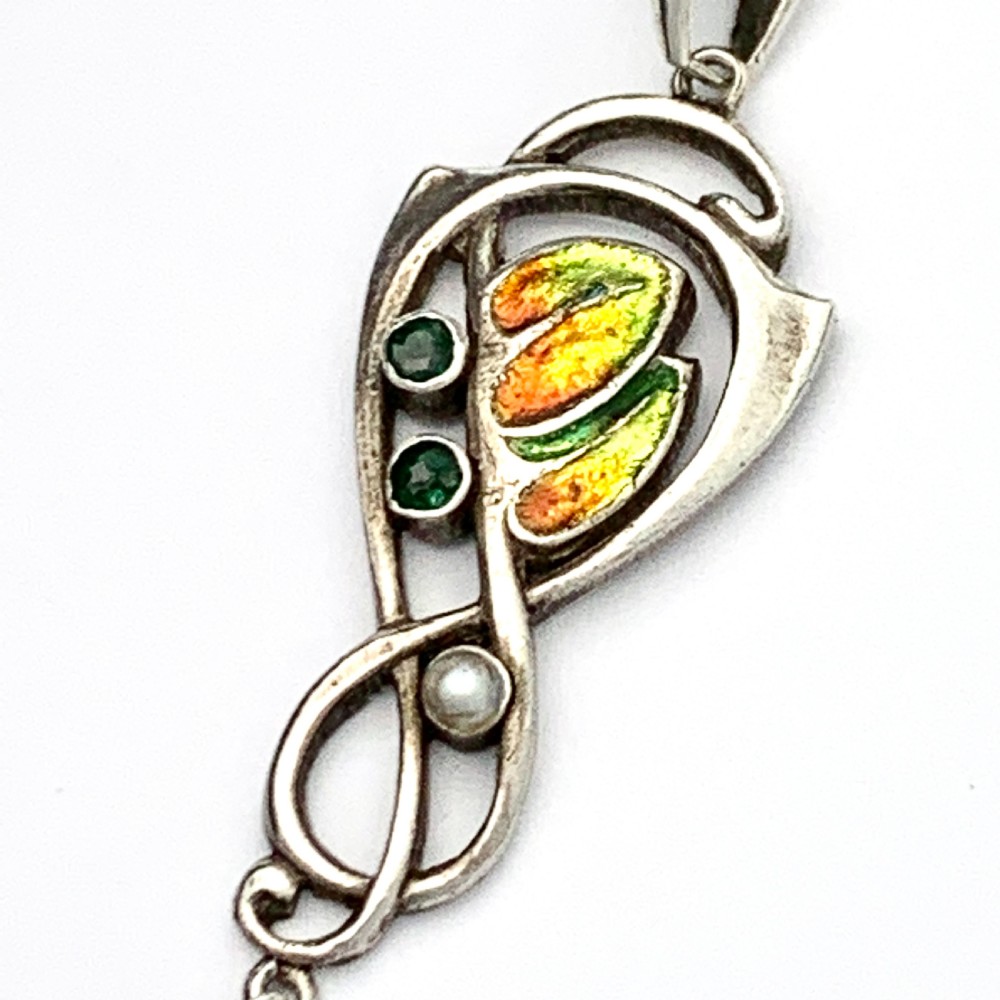 Edwardian 1905 Silver Enamel Paste Pendant with Pearls • Liberty & Co View V