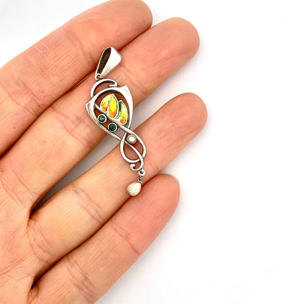 Edwardian 1905 Silver Enamel Paste Pendant with Pearls • Liberty & Co View VI