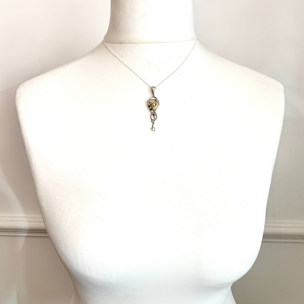 Edwardian 1905 Silver Enamel Paste Pendant with Pearls • Liberty & Co View VIII