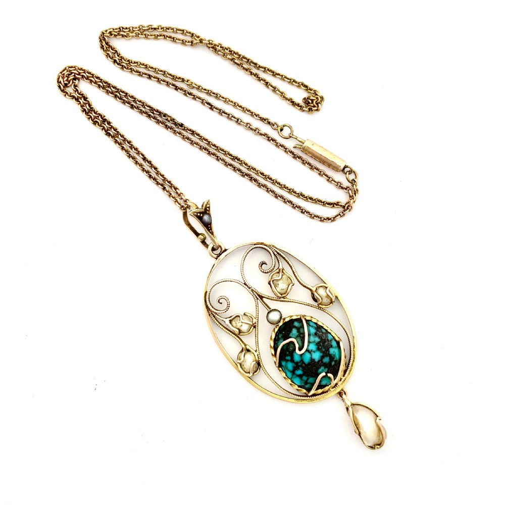 Edwardian Art Nouveau 9CT Gold Turquoise Matrix Pearl Necklace 