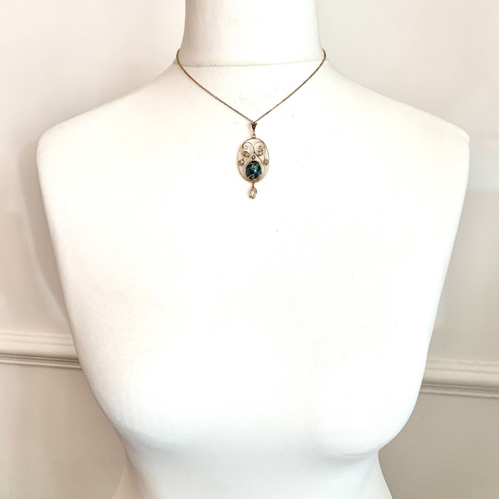 Edwardian Art Nouveau 9CT Gold Turquoise Matrix Pearl Necklace  View II