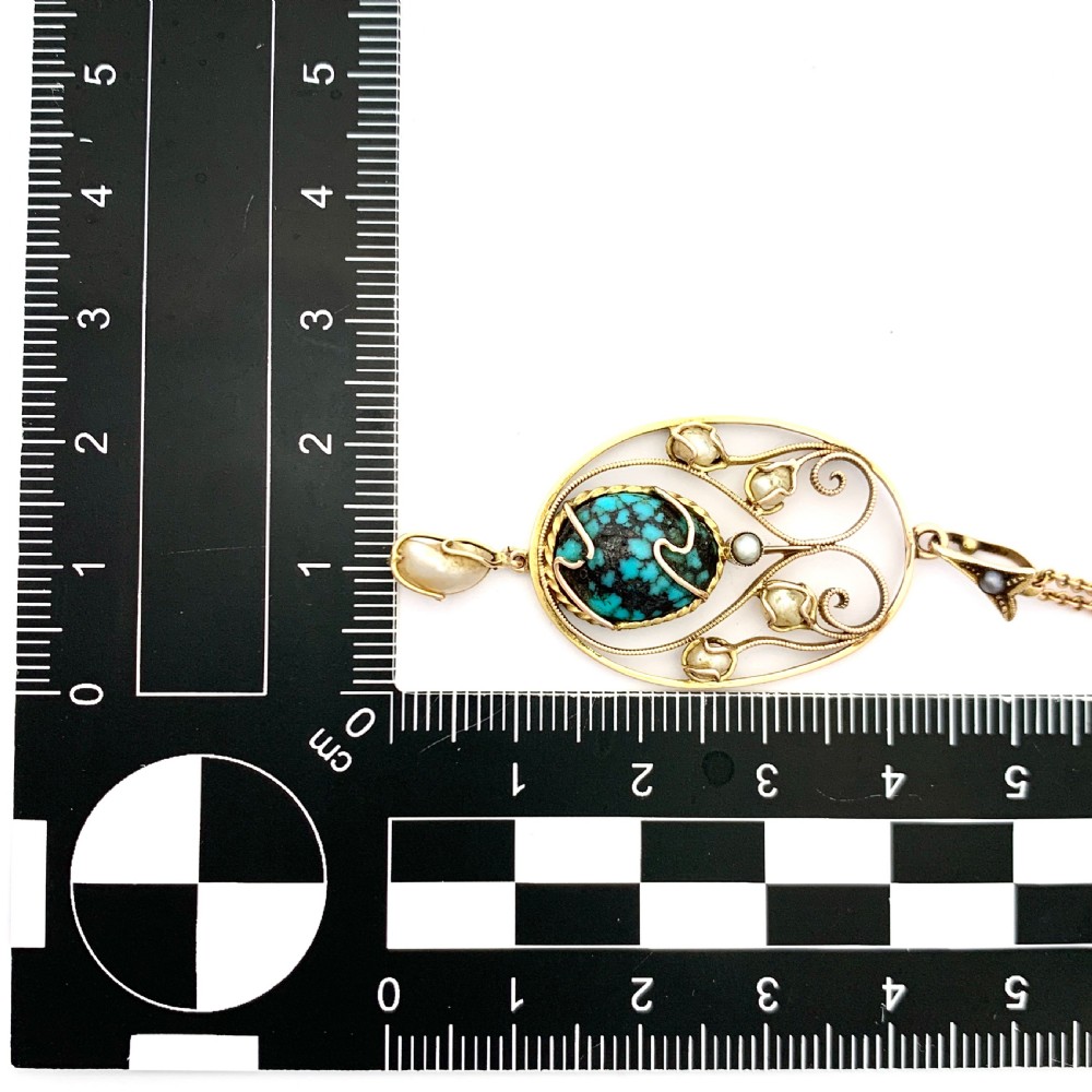 Edwardian Art Nouveau 9CT Gold Turquoise Matrix Pearl Necklace  View III