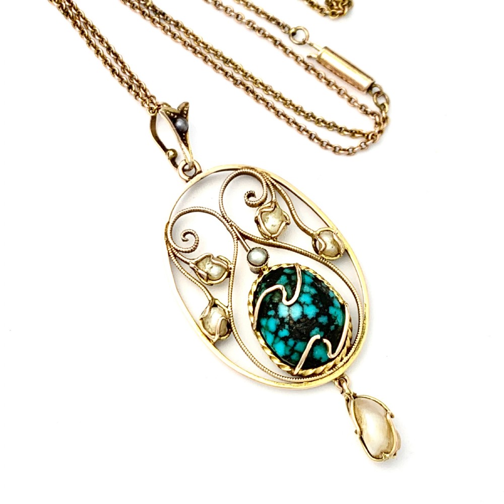 Edwardian Art Nouveau 9CT Gold Turquoise Matrix Pearl Necklace  View IV