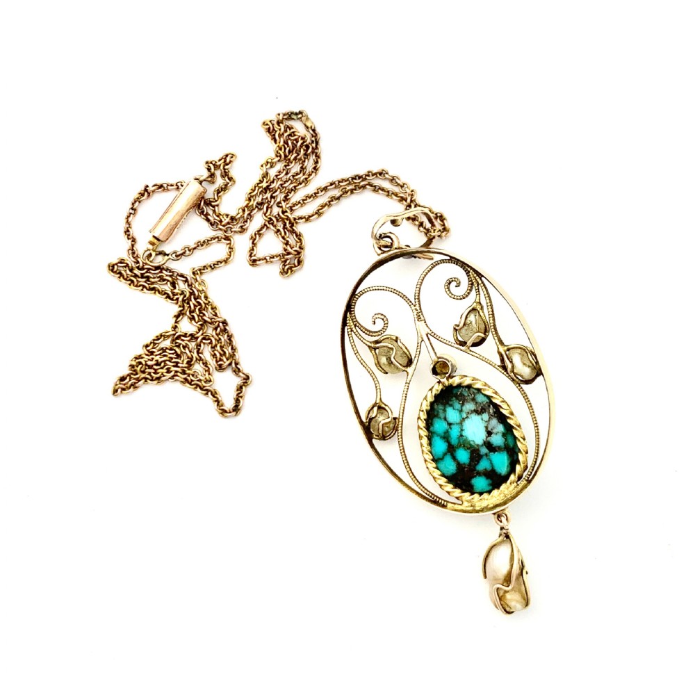 Edwardian Art Nouveau 9CT Gold Turquoise Matrix Pearl Necklace  View V