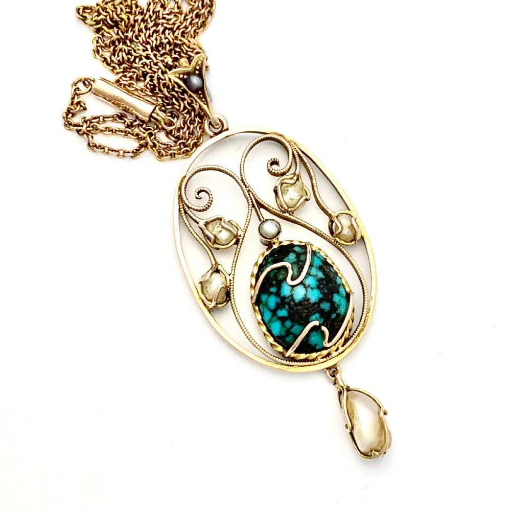 Edwardian Art Nouveau 9CT Gold Turquoise Matrix Pearl Necklace  View VI