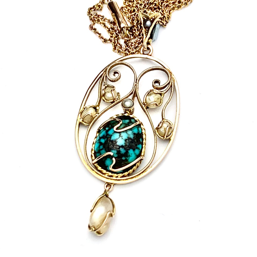 Edwardian Art Nouveau 9CT Gold Turquoise Matrix Pearl Necklace  View VII