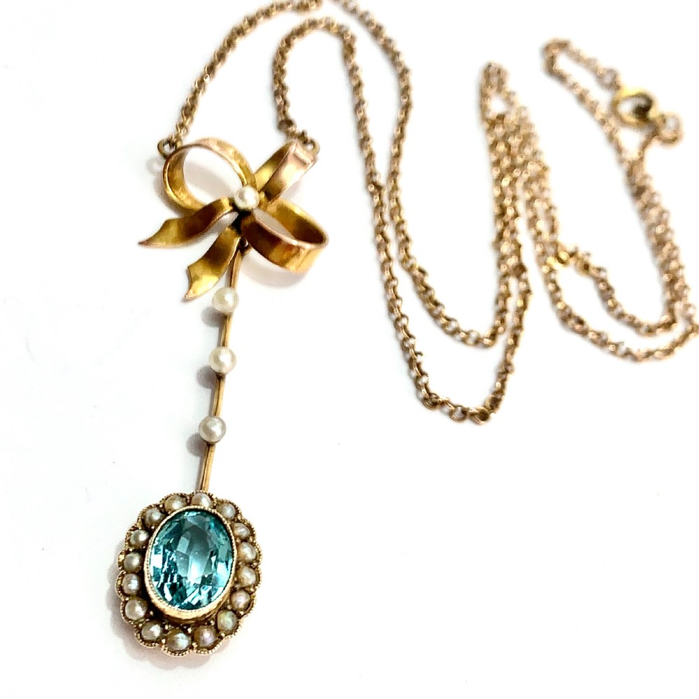 Edwardian 9CT Gold Paste Aquamarine Seed Pearl Necklace