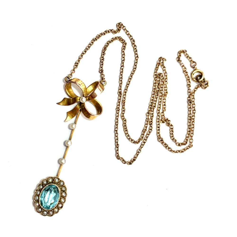 Edwardian 9CT Gold Paste Aquamarine Seed Pearl Necklace View III