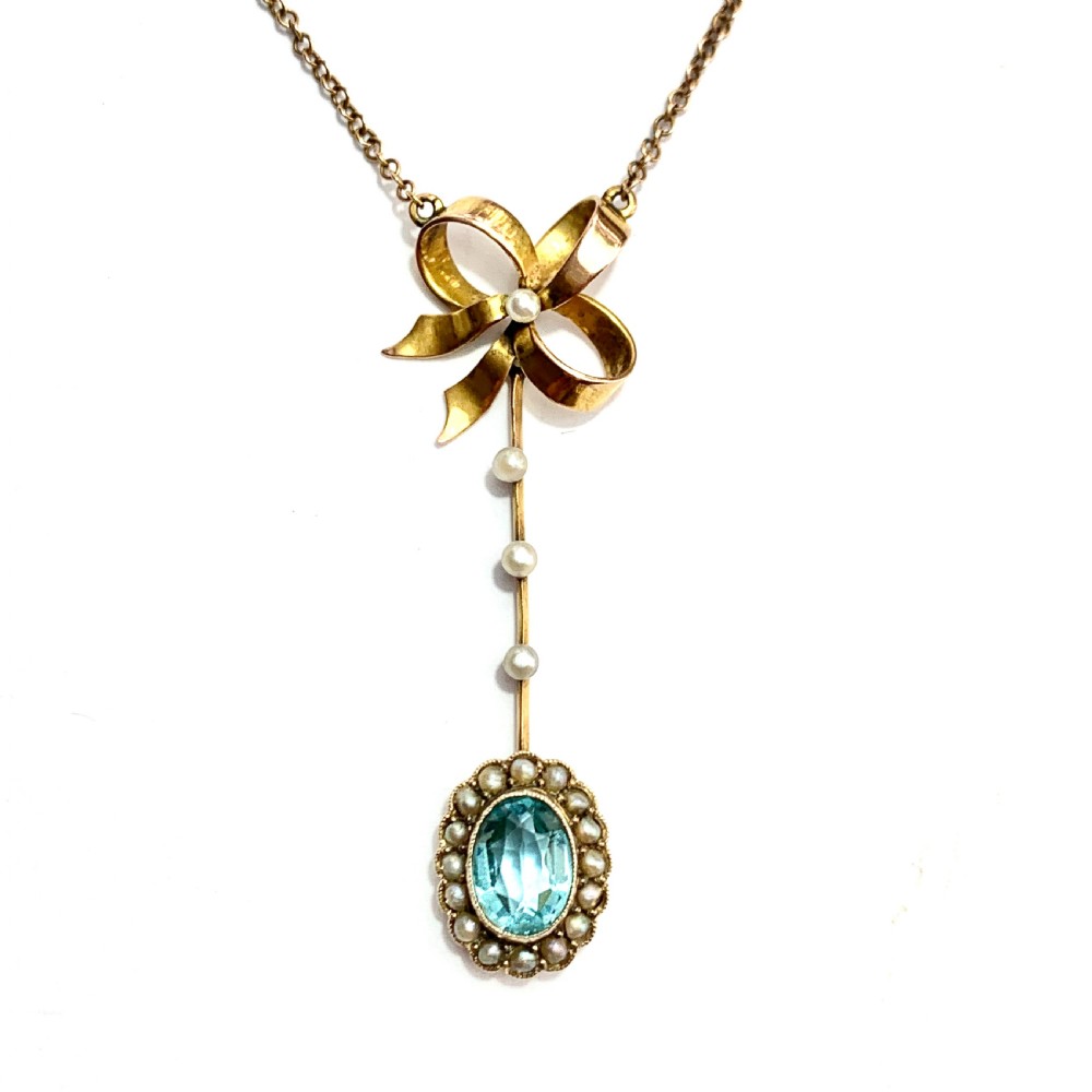 Edwardian 9CT Gold Paste Aquamarine Seed Pearl Necklace View IV