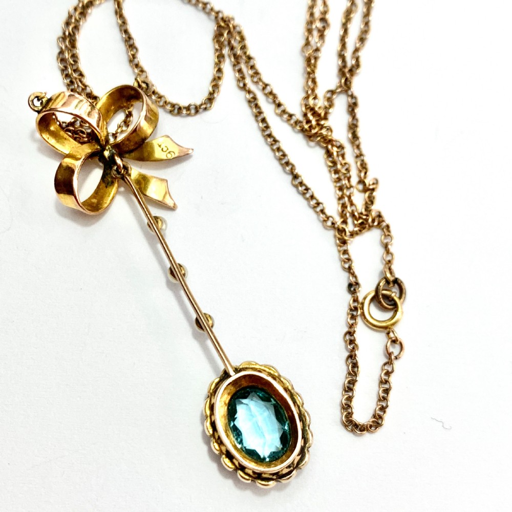 Edwardian 9CT Gold Paste Aquamarine Seed Pearl Necklace View V