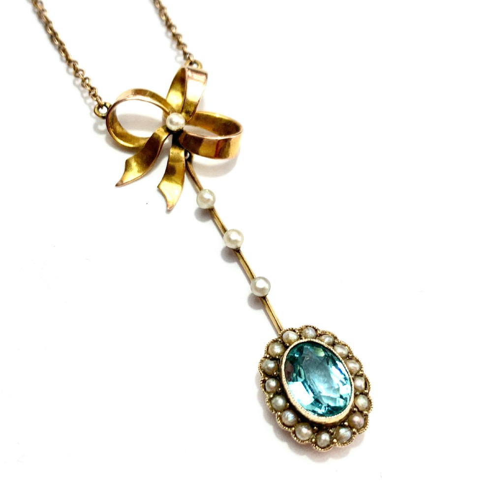 Edwardian 9CT Gold Paste Aquamarine Seed Pearl Necklace View VI